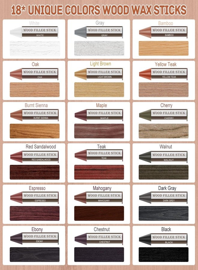 DEWEL Wood Filler Sticks, 18 Colors Wood Crayons for Scratches, Wood Floor Repair Wax Filler Sticks, Furniture Scratch Repair Crayons Kit for Wood Holes, Scratches, Table - Image 2